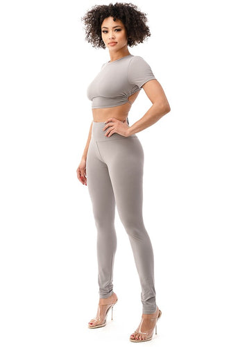 Open Back Cropped Two Piece Pant Set - Gray - Enviable Body Collection