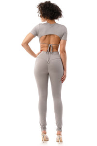 Open Back Cropped Two Piece Pant Set - Gray - Enviable Body Collection