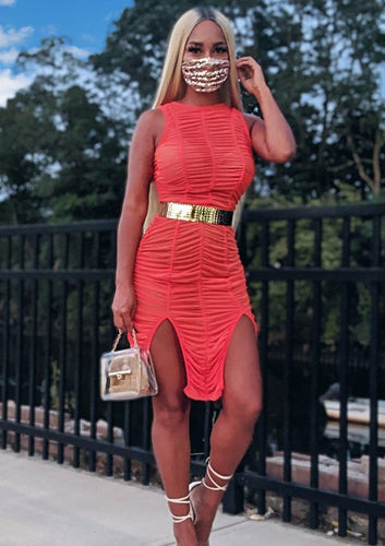 Ruched Orange Sleeveless Dress - Enviable Body Collection